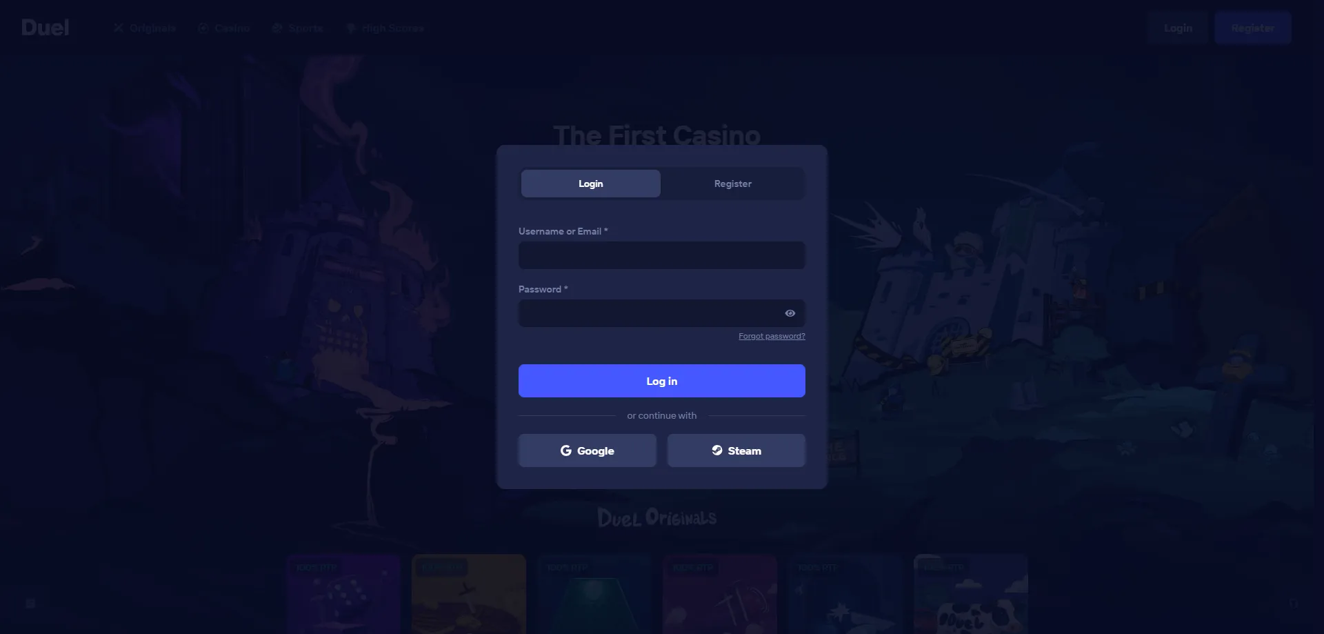 Pantalla de login de Duel Casino para jugadores en México