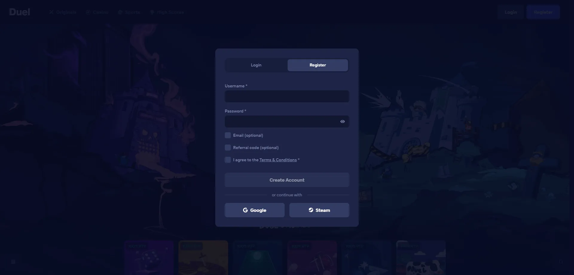 Formulario de registro en Duel Casino — crea tu cuenta nueva